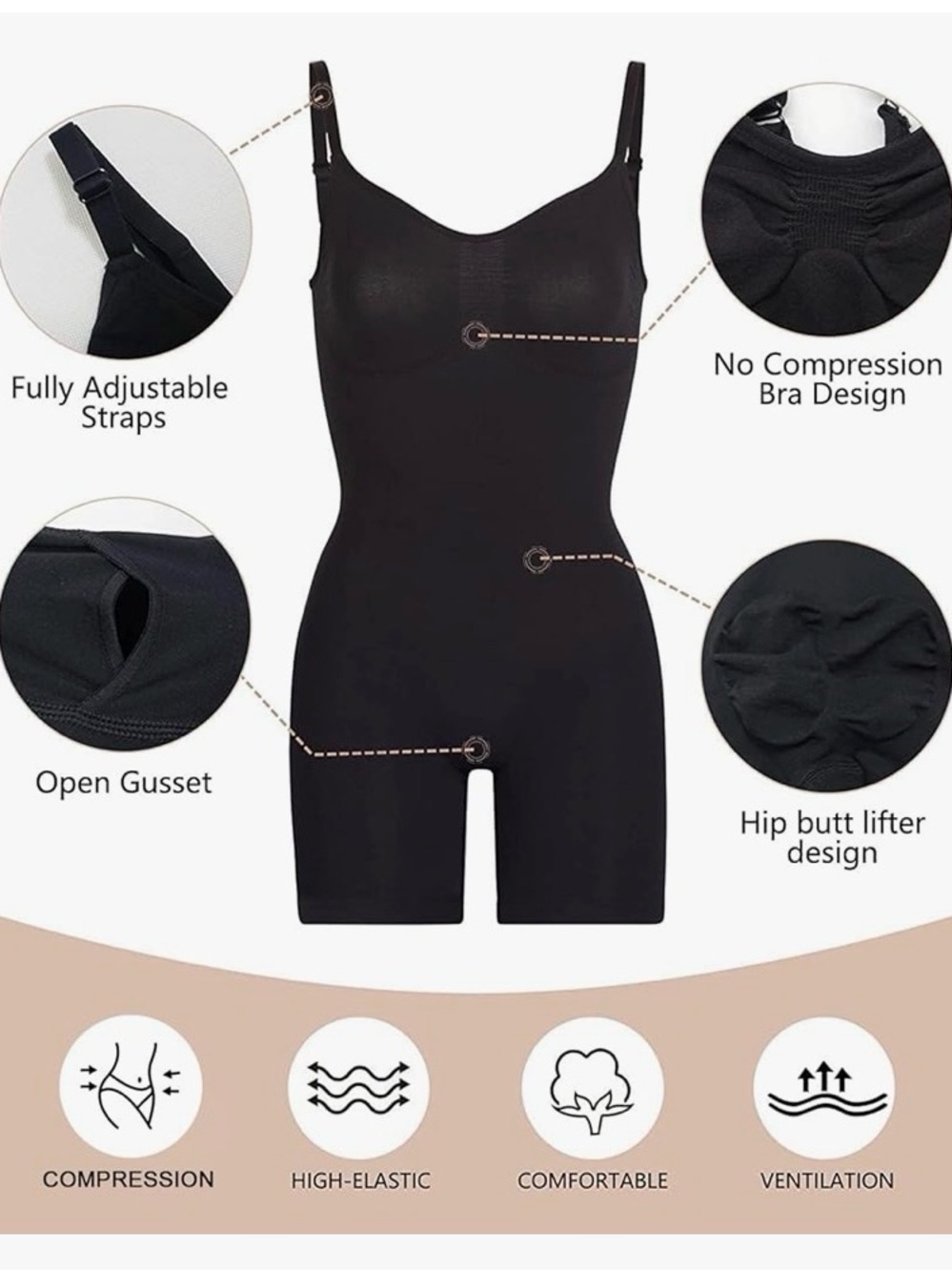NWT ShaperX Women’s Black Shaping Bodysuit with Adjustable Straps